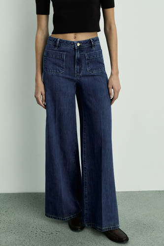 Jeans wide Dark blue denim - Mango