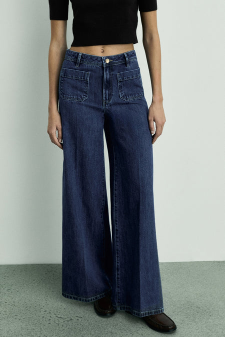 Jeans wide Dark blue denim - Mango